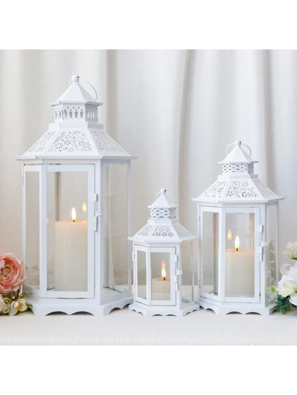 Set of 3 Vintage Metal Candle Lanterns - Hexagonal Hanging Holders for Home